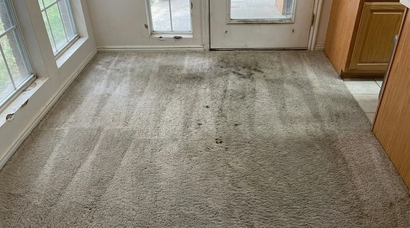 Heavily soiled carpet on an ACS Enterprise job before cleaning