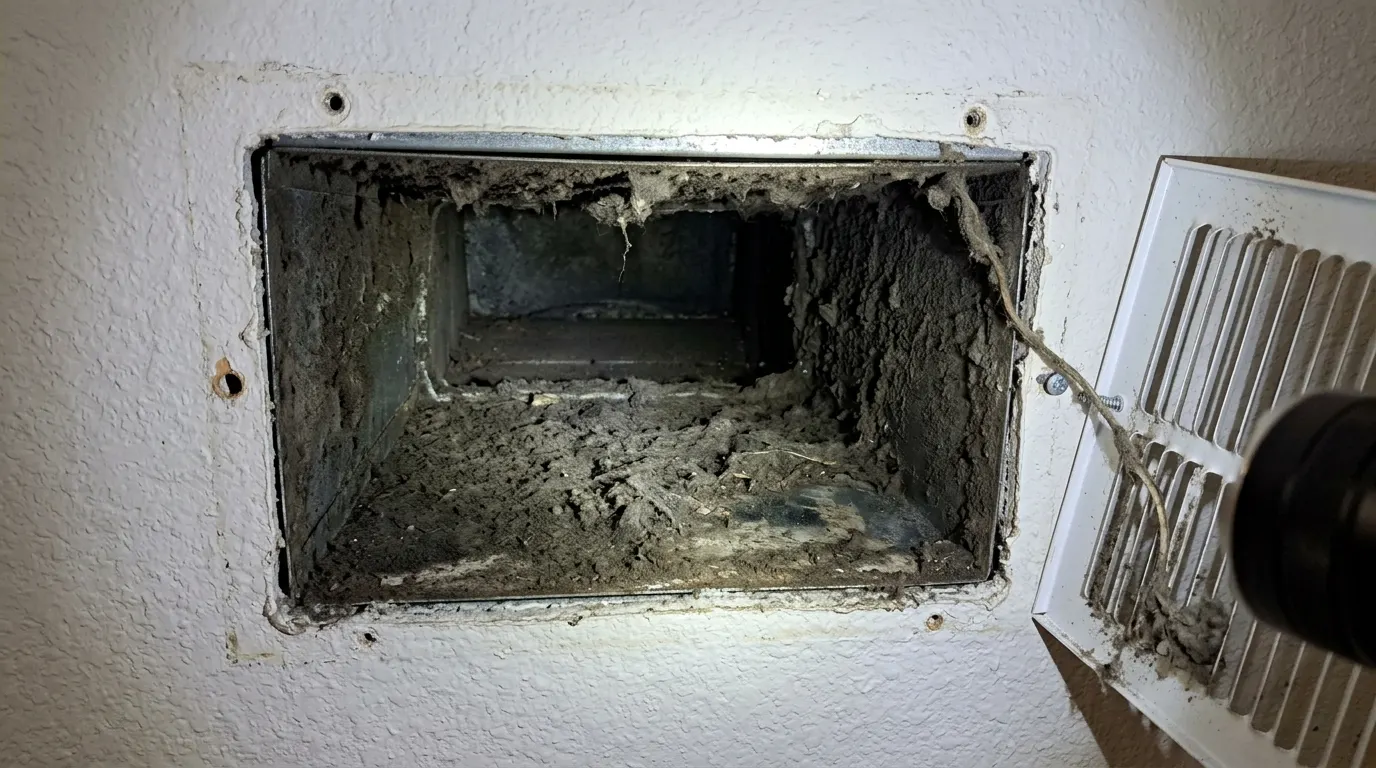 HVAC duct interior caked with dust and debris before cleaning