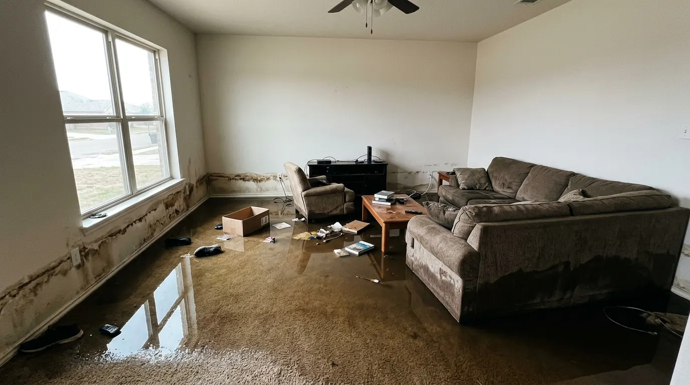 Flooded living room with standing water before restoration